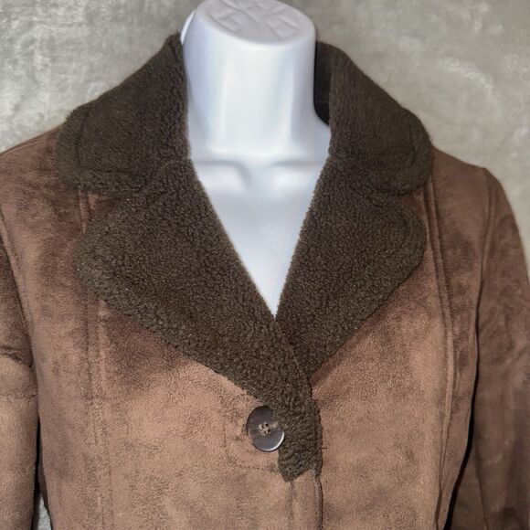 Vintage Esprit Y2K Faux Sherpa Suede Coat Size Small Brown Penny Lane Preppy 90s - Picture 2 of 11
